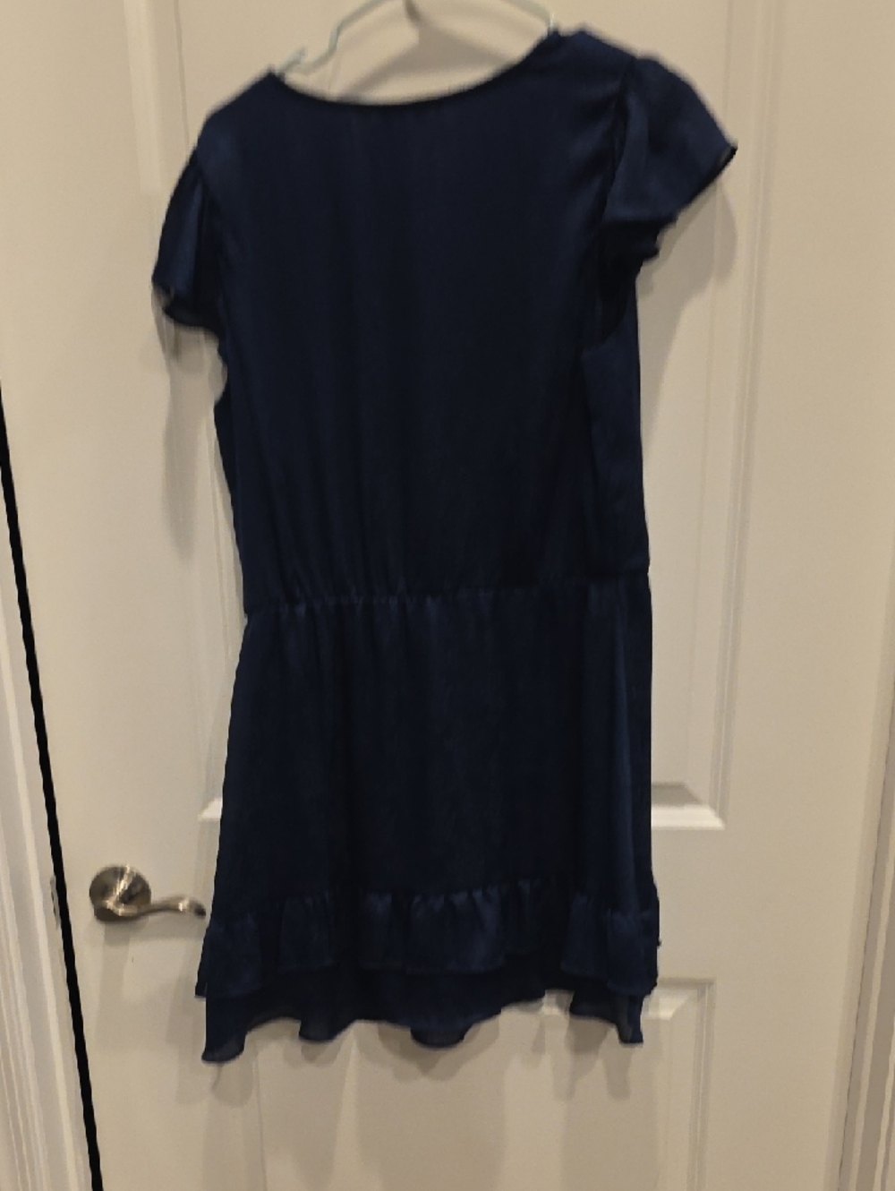Girls' Satin Navy Blue Tiered Flutter-Sleeve Dress - Picture 3 of 4